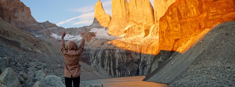 2 of 3, UC student at Torres del Paine with Granite Towers in the background